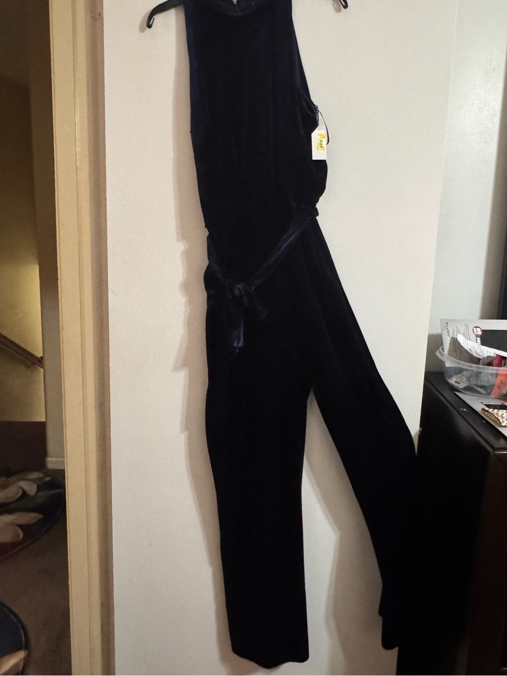 Sleeveless Velvet Tie-Waist Jumpsuit in Navy